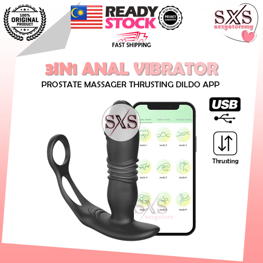 APP Controlled 3-IN-1 Prostate Vibrator Anal Vibrator Dildo Shape Butt Plug Cock Ring With Thrusting & Vibration