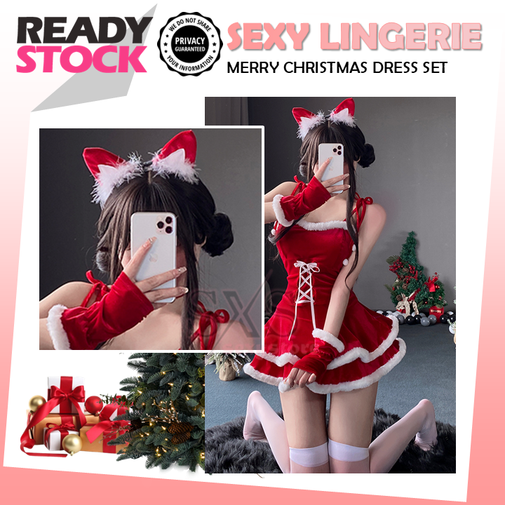 🎄Sexy Christmas Lingerie Set for Women🎄 Cute Cat Costume with Ears Headband, Top, Skirt & Gloves